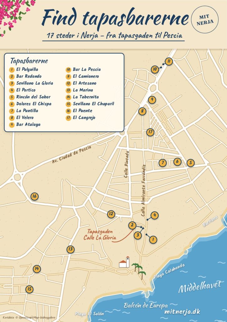 Kort over tapasbarerne i Nerja med numre